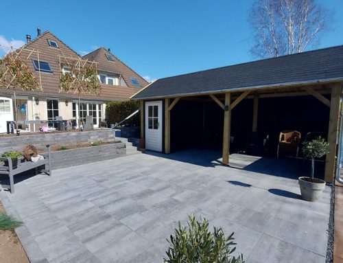 Aanleg achtertuin met tuinhuis en overkapping